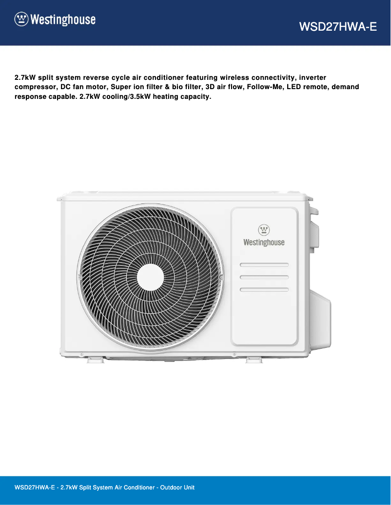 Página 1 del manual Ficha técnica Westinghouse WSD27HWA-E