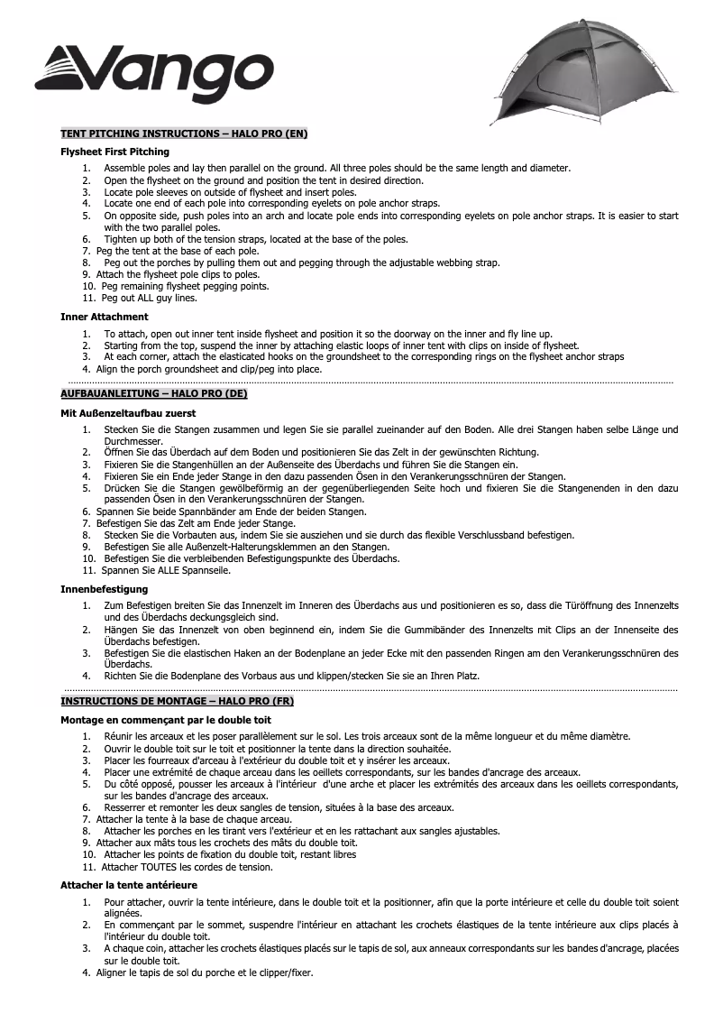 Page 1 de la notice Manuel utilisateur Vango Halo Pro 300