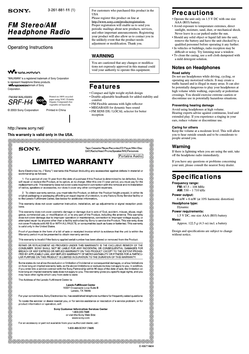 Page 1 de la notice Manuel utilisateur Sony SRF-H4
