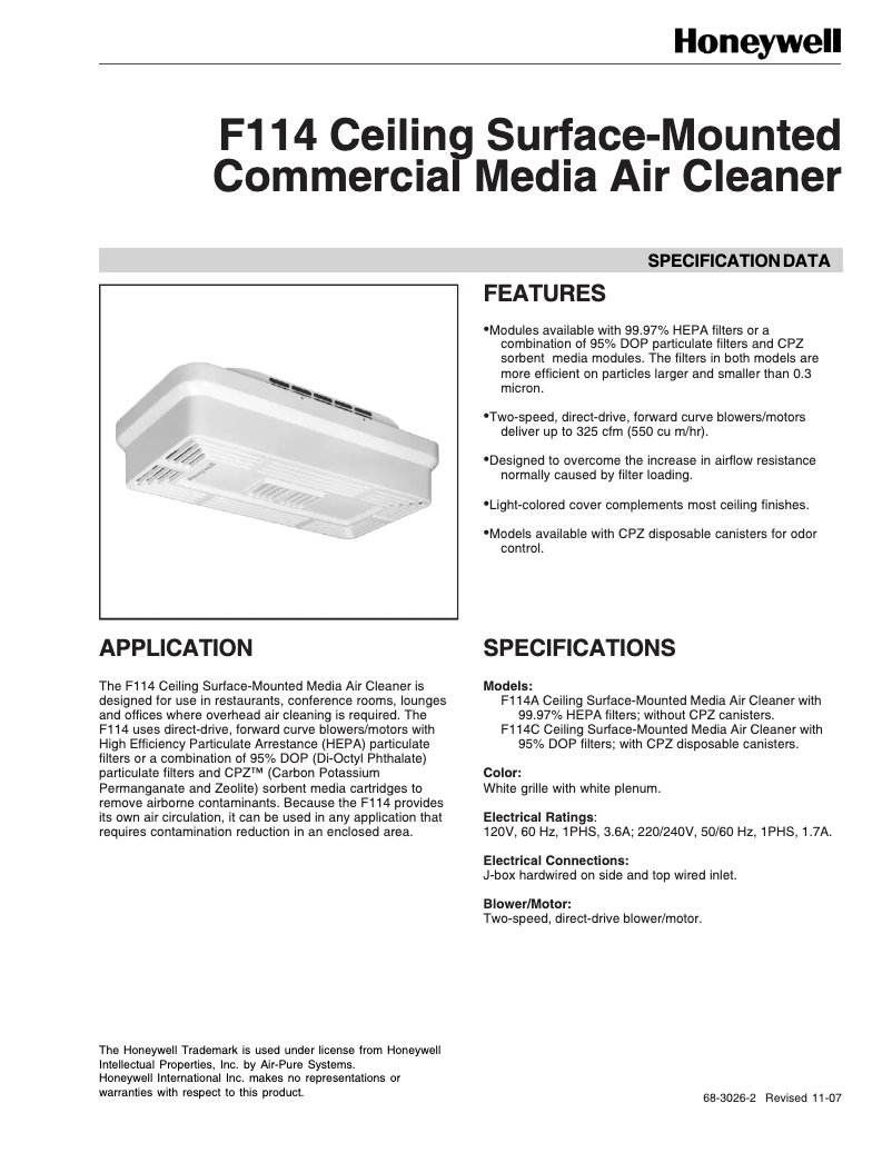 Page 1 de la notice Fiche technique Honeywell F114C1008