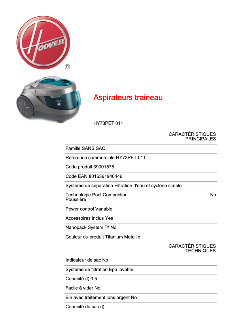 Página 1 del manual Ficha técnica Hoover Hydropower HY73PET 011