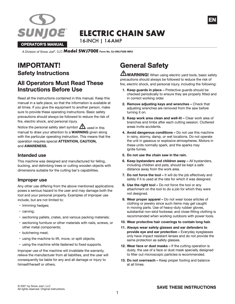 Página 1 del manual Manual de usuario Sun Joe SWJ700E
