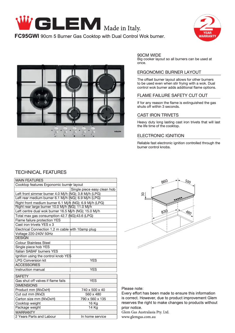 Page 1 de la notice Fiche technique Glem Gas FC95GWI