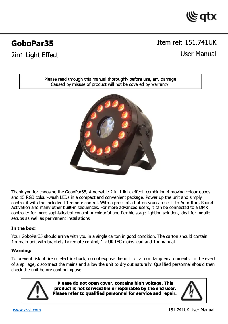 Page 1 de la notice Manuel utilisateur Qtx GoboPar35