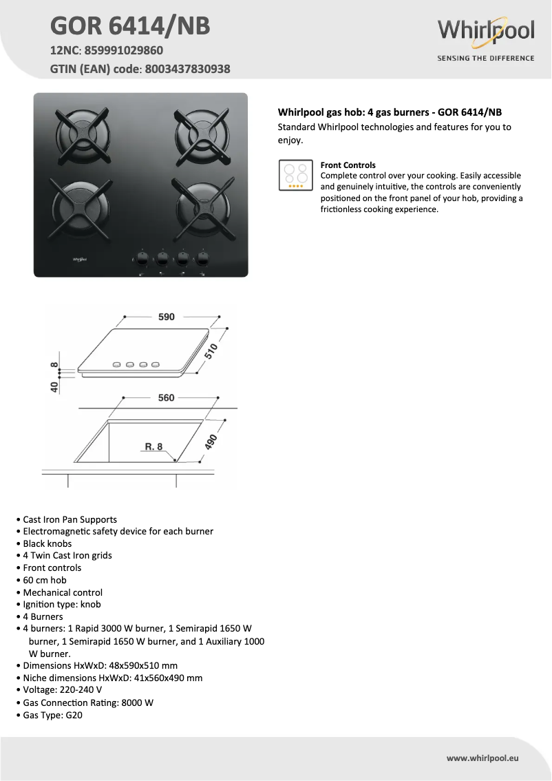 Page 1 de la notice Fiche technique Whirlpool GOR 6414/NB