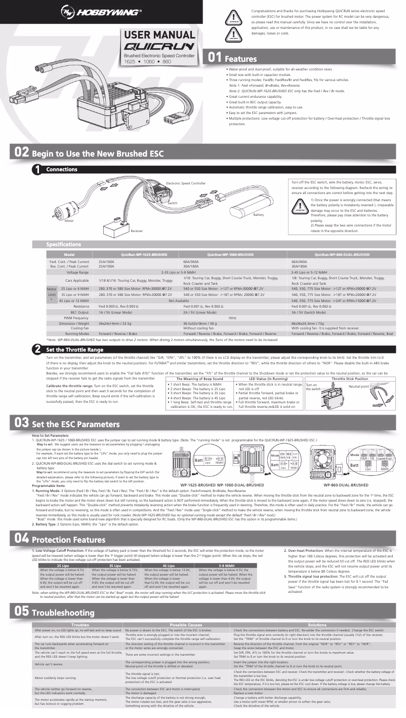 Page 1 de la notice Manuel utilisateur Hobbywing QuicRun 860