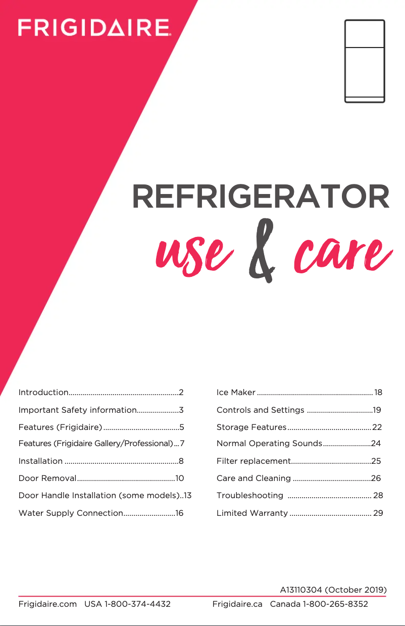 Page 1 de la notice Manuel d'utilisation et d'entretien Frigidaire FFTR1814WW