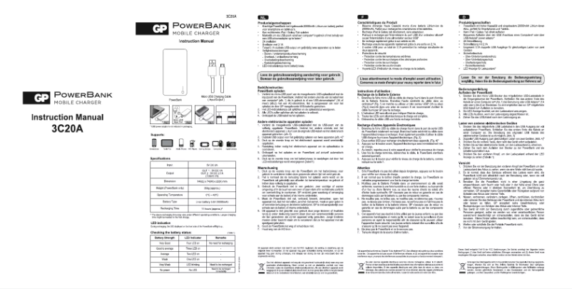 Page 1 de la notice Manuel utilisateur GP Batteries Portable PowerBank 3C20A
