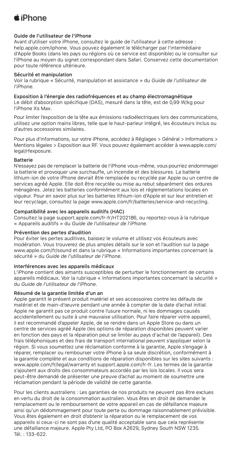 Page 1 de la notice Manuel utilisateur Apple iPhone XS Max