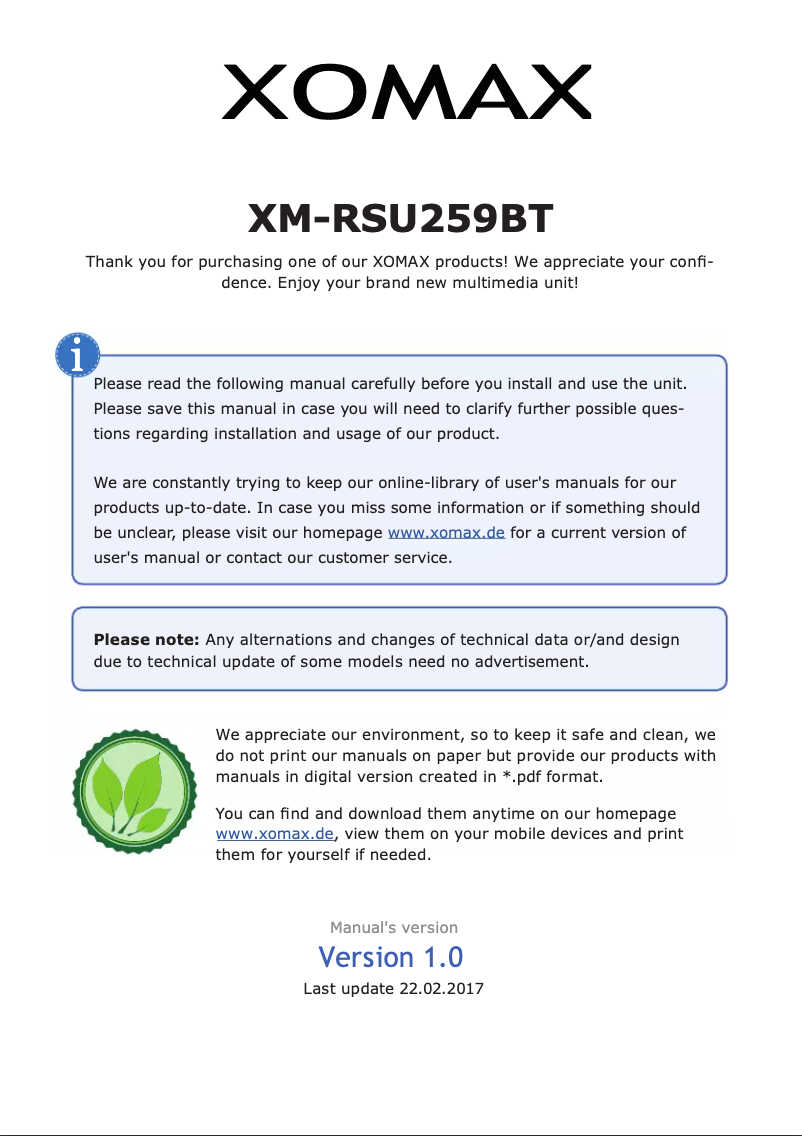 Page 1 of the manual User Manual Xomax XM-RSU259BT