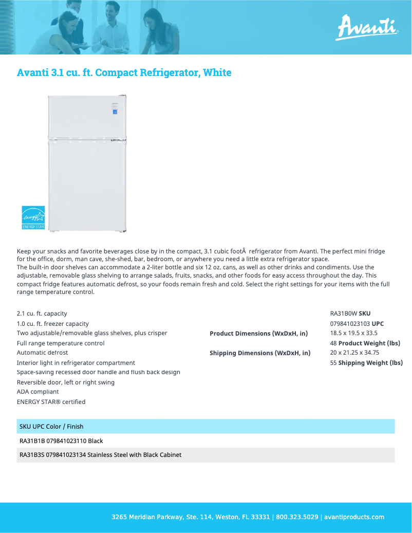 Page 1 de la notice Fiche technique Avanti RA31B3S