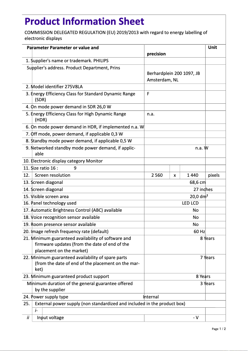 Página 1 del manual Ficha técnica Philips 275V8LA