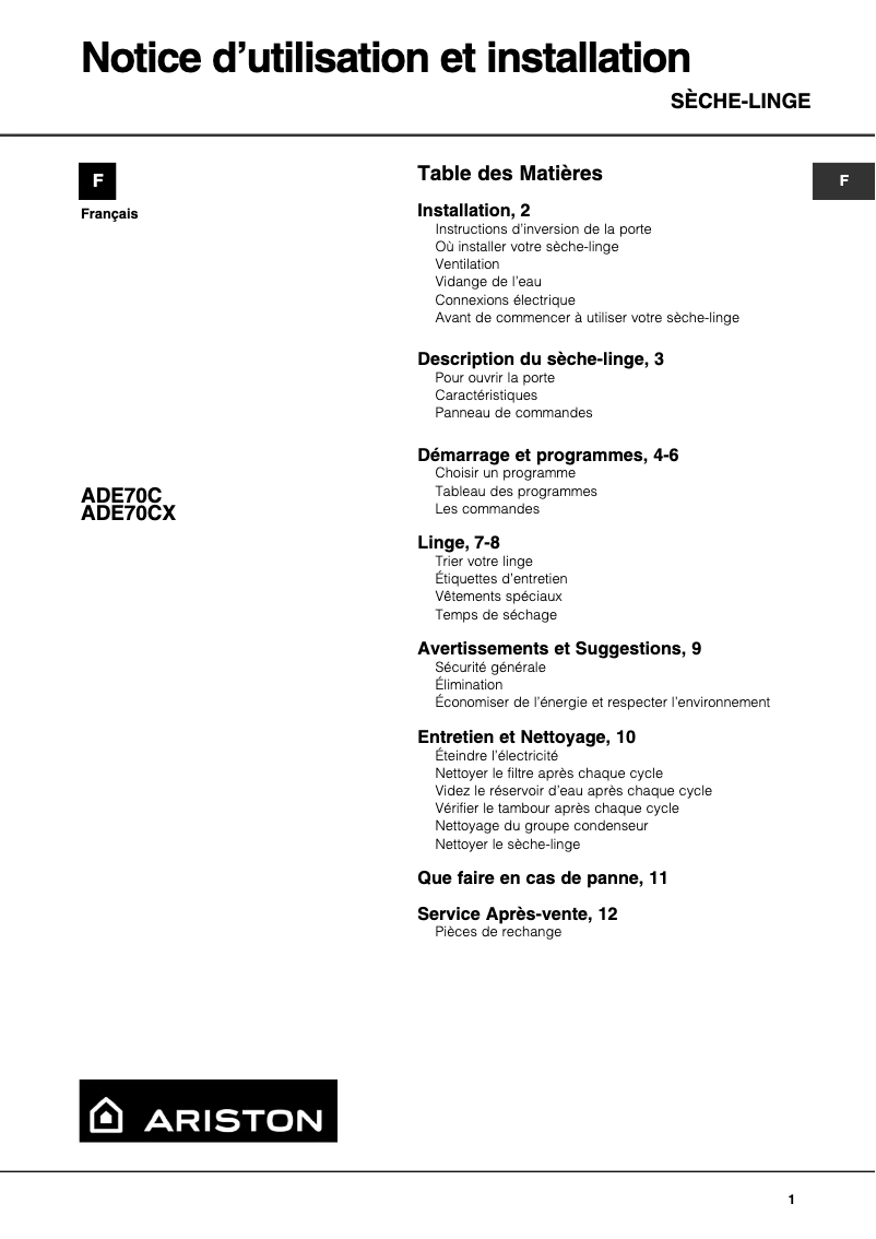 Página 1 del manual Manual de usuario Ariston Thermo ADE 70 C