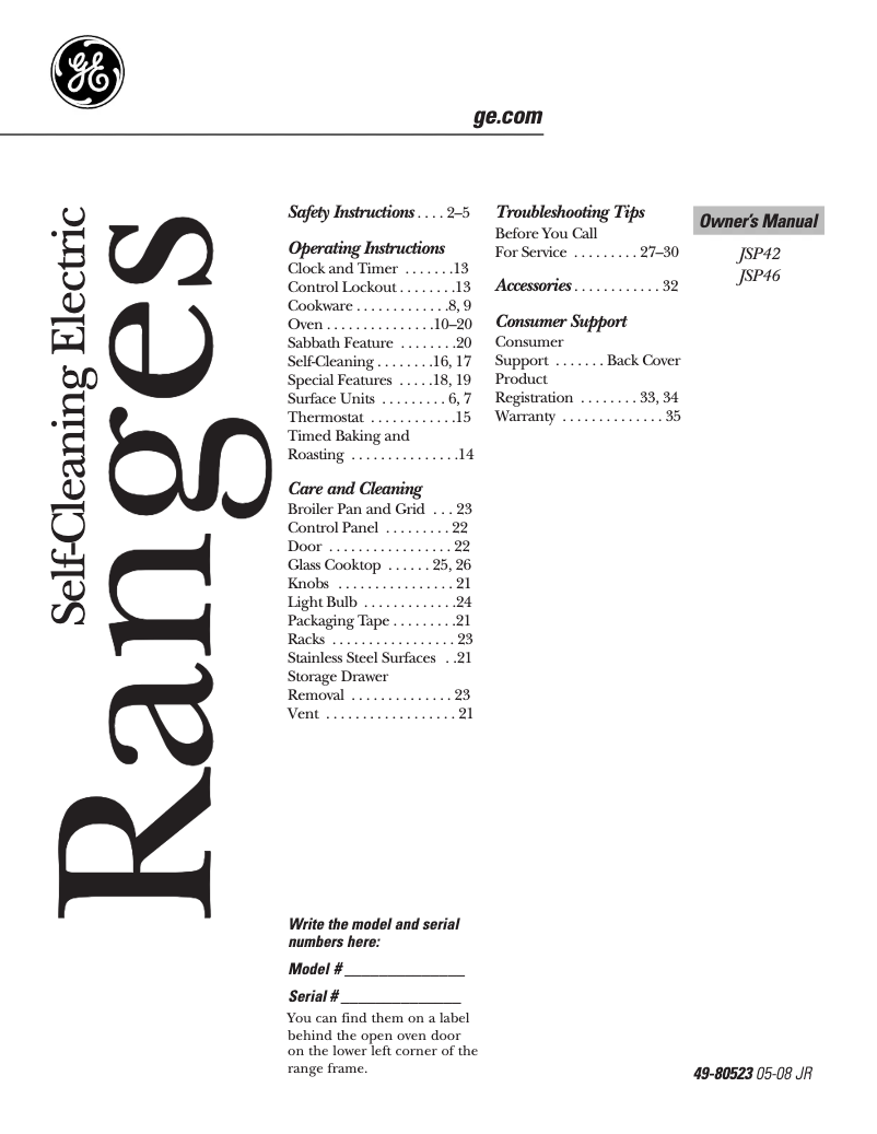 Page n°1 - Manuel d'utilisation et d'entretien GE JSP42SKSS