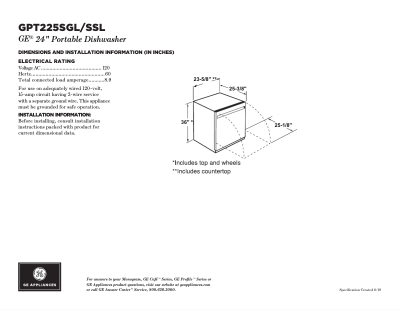 Page 1 de la notice Fiche technique GE GPT225SGLWW