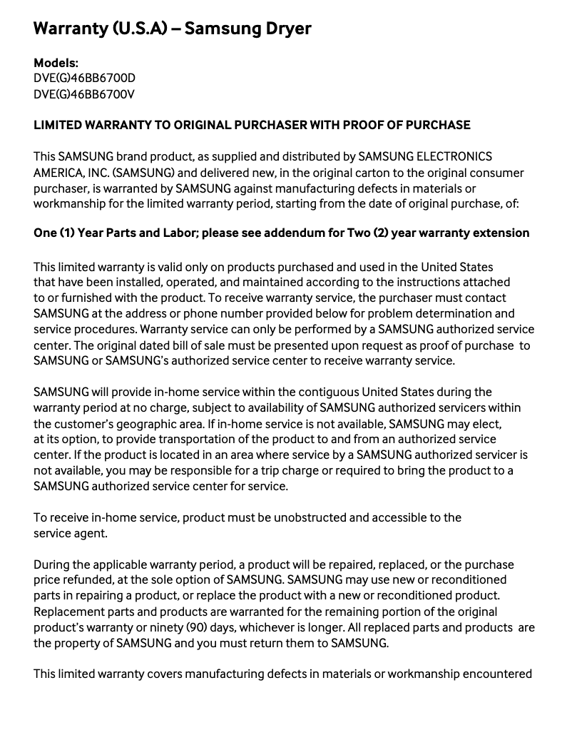 Página 1 del manual Información de garantía Samsung DVG46BB6700D