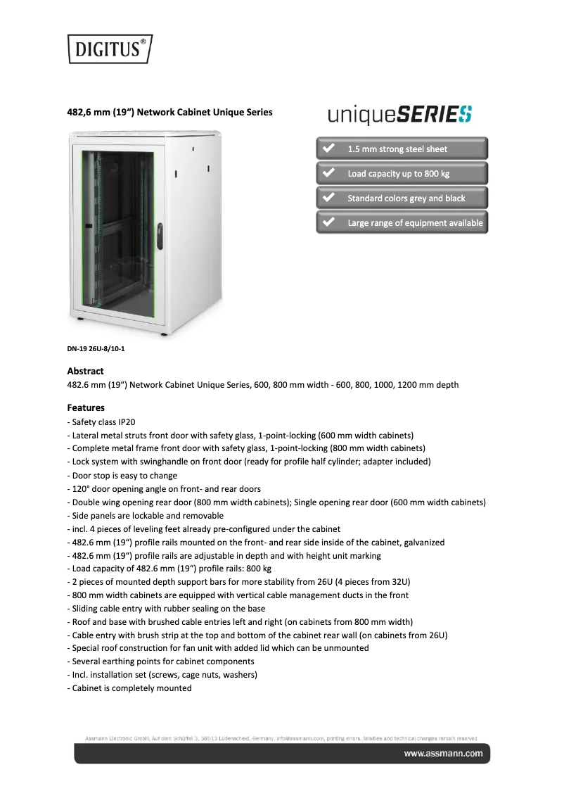 Page 1 de la notice Fiche technique Digitus DN-19 22U-6/8-B-1