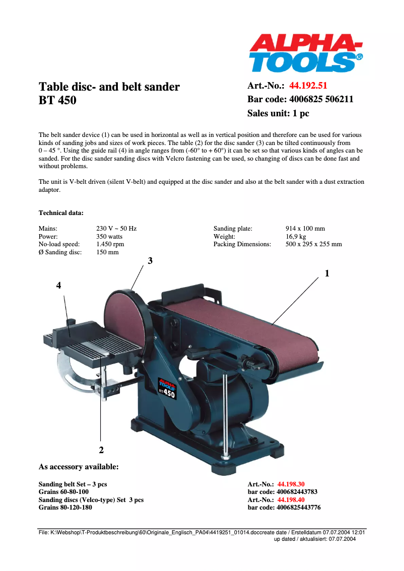 Page 1 de la notice Fiche technique Alpha Tools BT 450