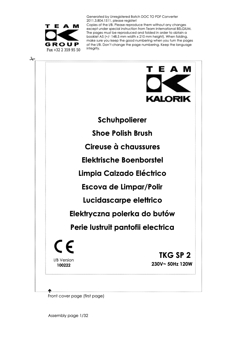 Page 1 de la notice Manuel utilisateur Kalorik TKG SP 2