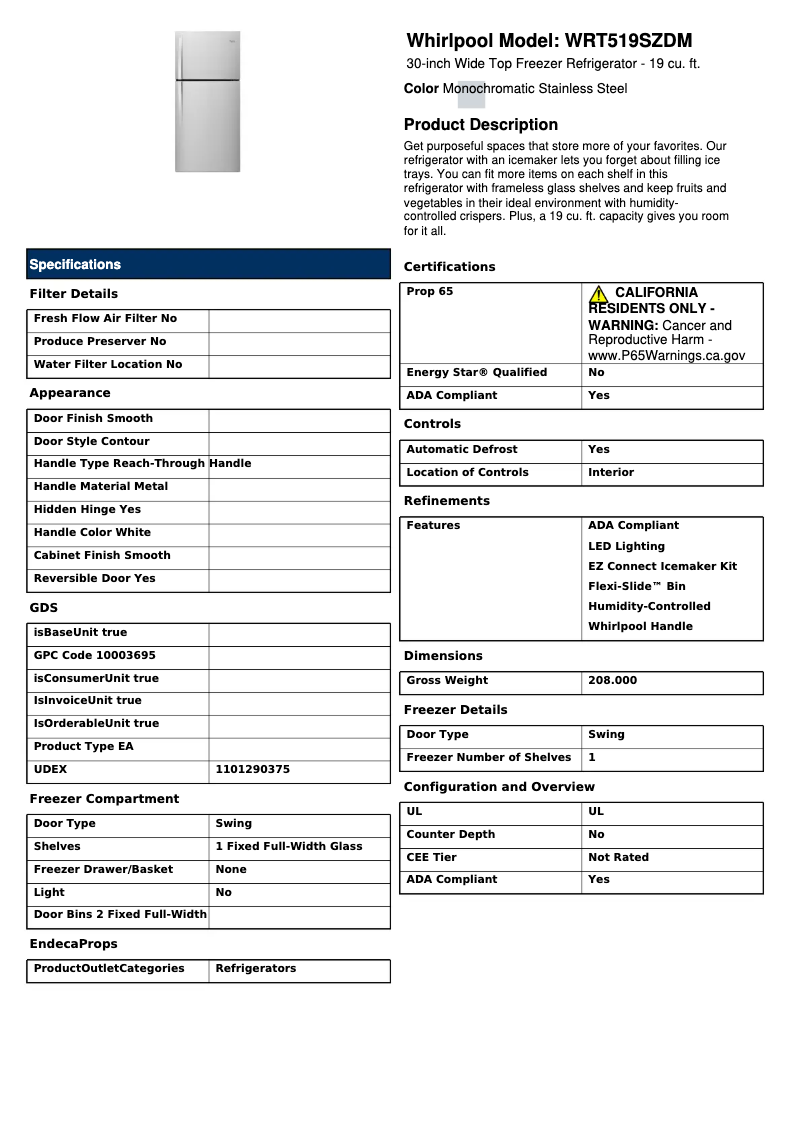 Page 1 of the manual Technical Sheet Whirlpool WRT519SZDM