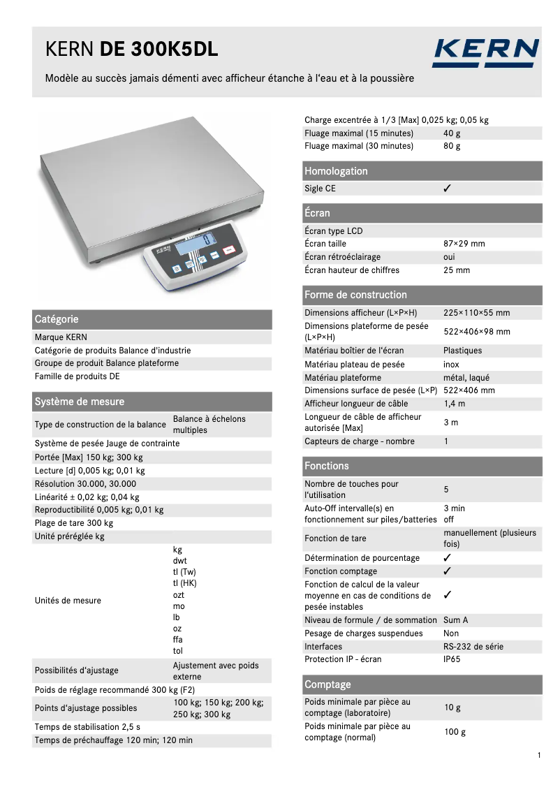 Page 1 de la notice Fiche technique Kern DE 300K5DL