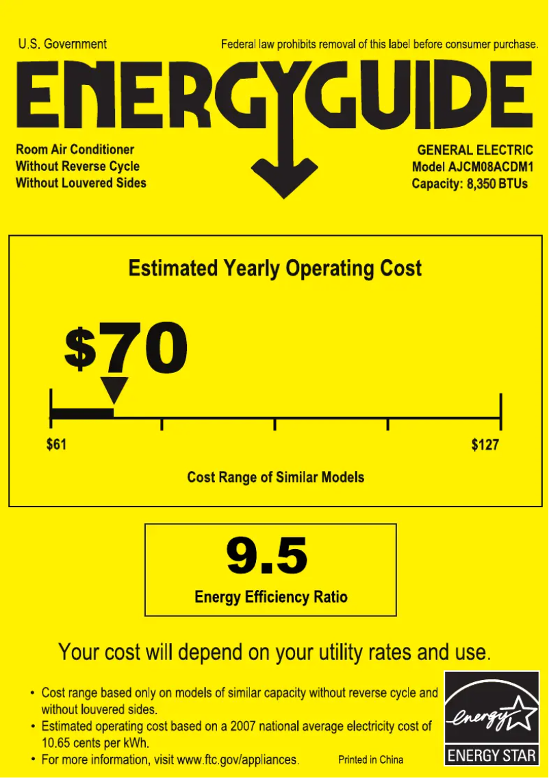 Page 1 de la notice Label énergétique GE AJCQ08ACH