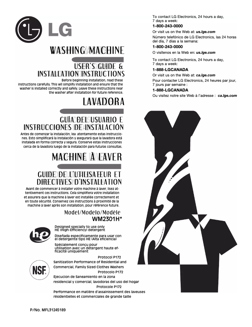 Page 1 de la notice Manuel utilisateur LG WM2301HS