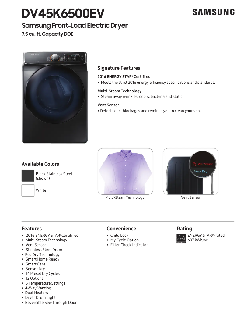 Page 1 de la notice Fiche technique Samsung DV45K6500E