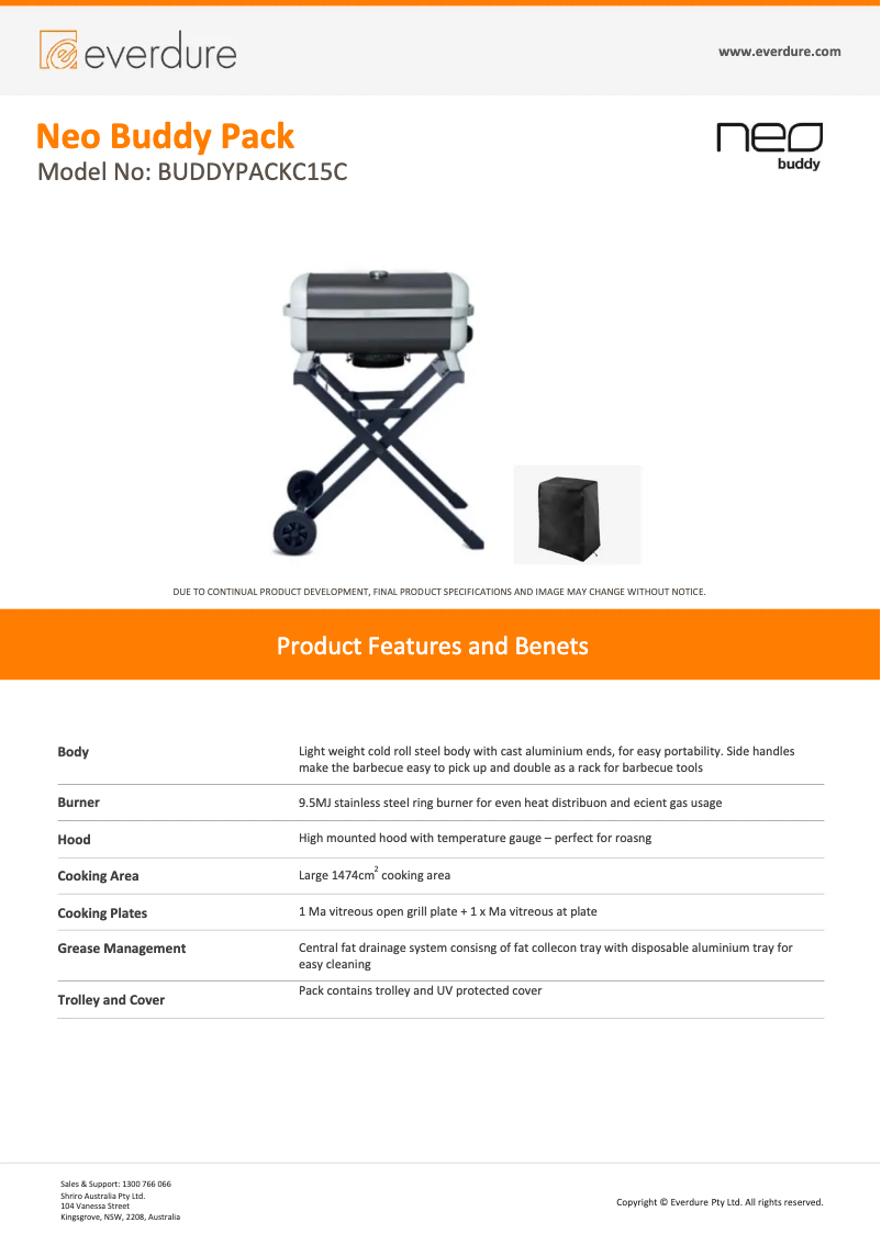 Page 1 de la notice Fiche technique Everdure Neo Buddy