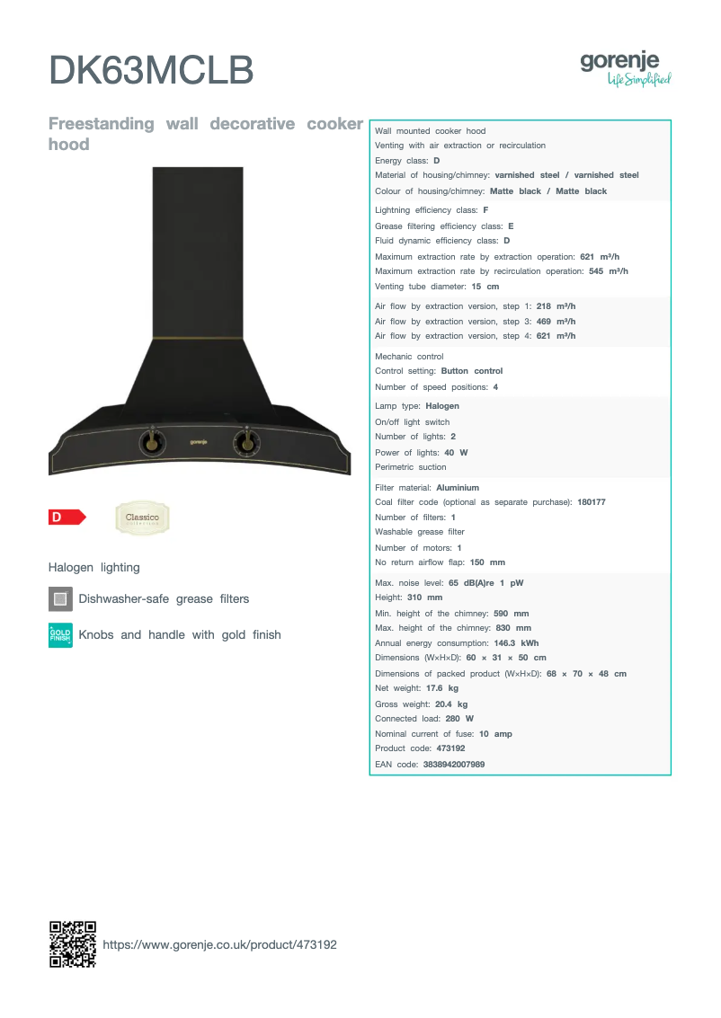 Page 1 de la notice Fiche technique Gorenje DK63MCLB