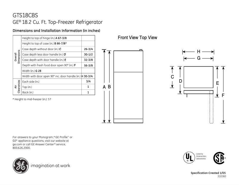 Page 1 of the manual Technical Sheet GE GTS18CBSRBB