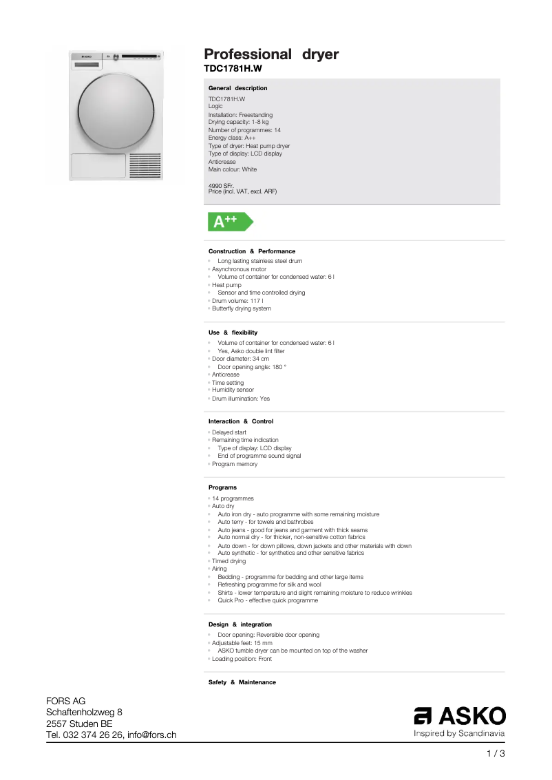 Page 1 de la notice Fiche technique Asko TDC1781HW
