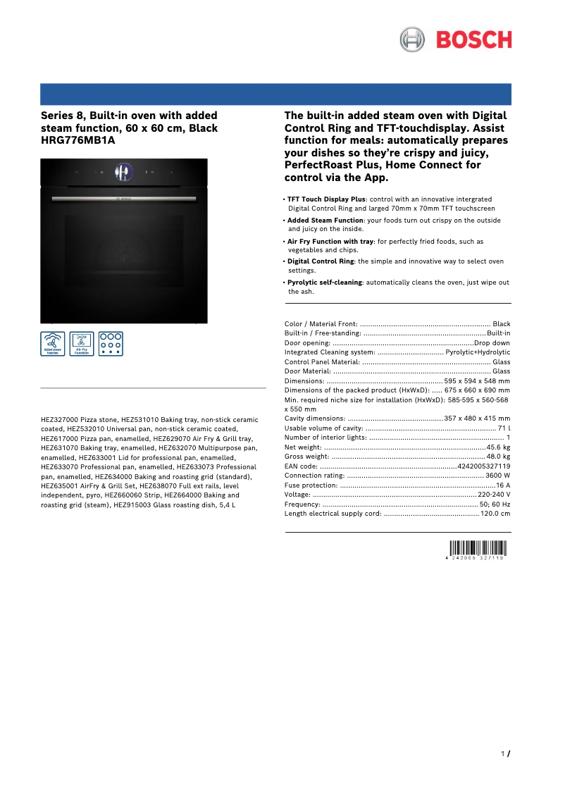 Page 1 de la notice Fiche technique Bosch HRG776MB1A