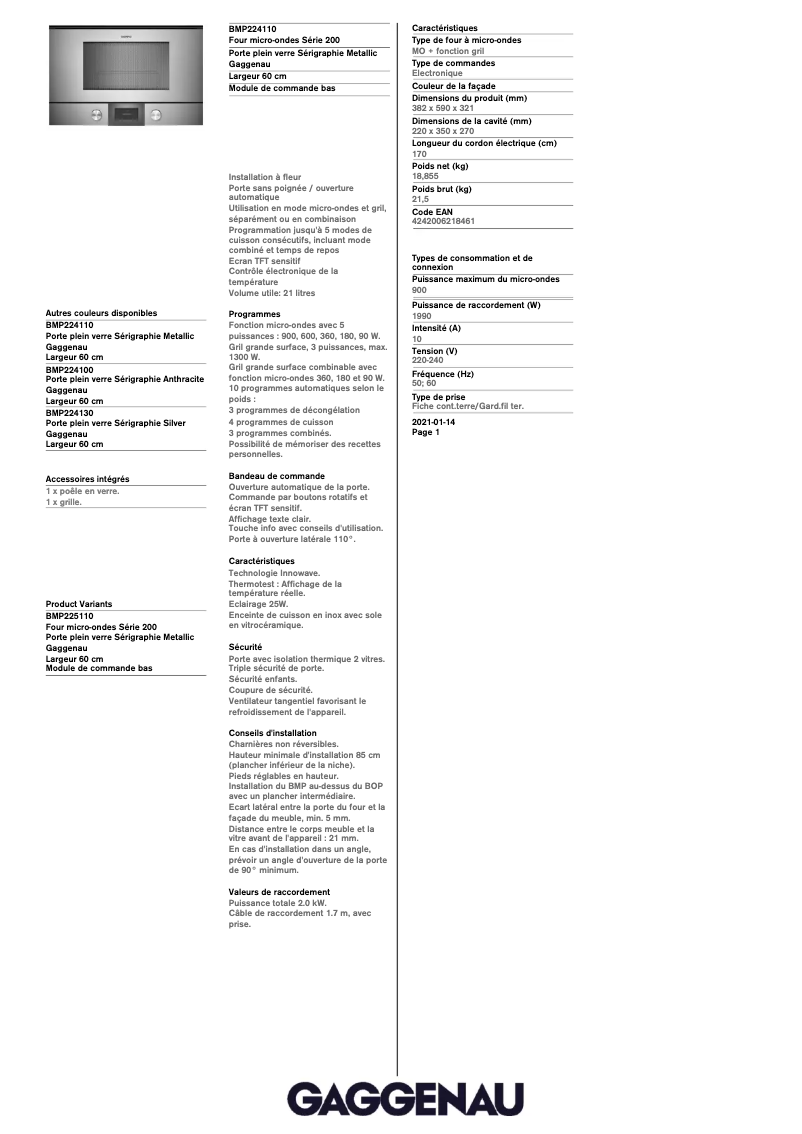 Page 1 de la notice Fiche technique Gaggenau BMP224110