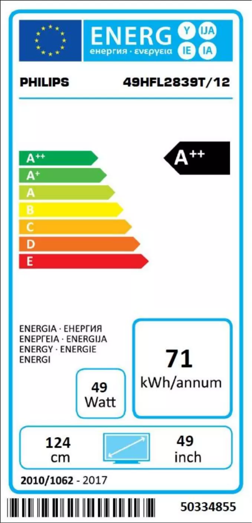 Página 1 del manual Etiqueta energética Philips 49HFL2839T