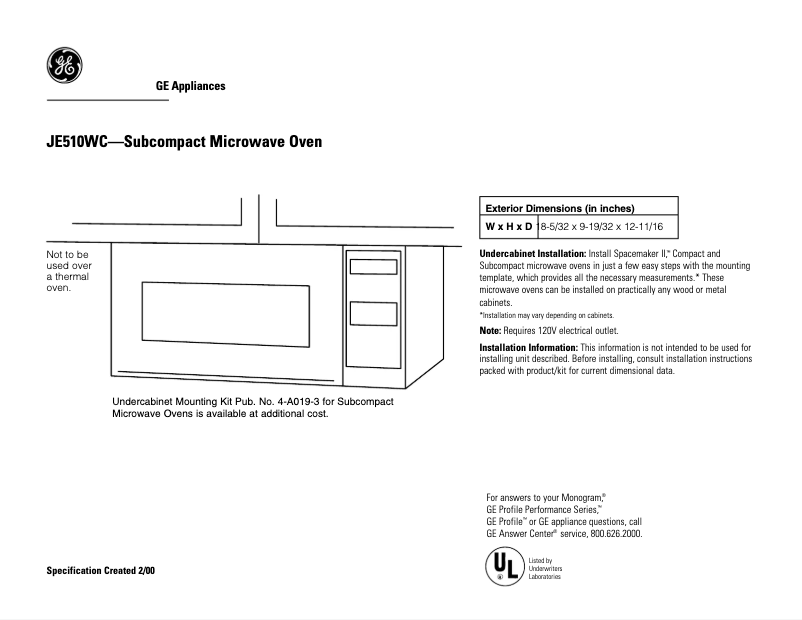 Page 1 de la notice Fiche technique GE JE510WC