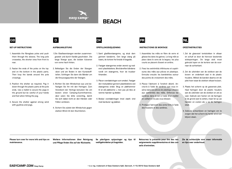 Page 1 de la notice Manuel utilisateur Easy Camp Beach