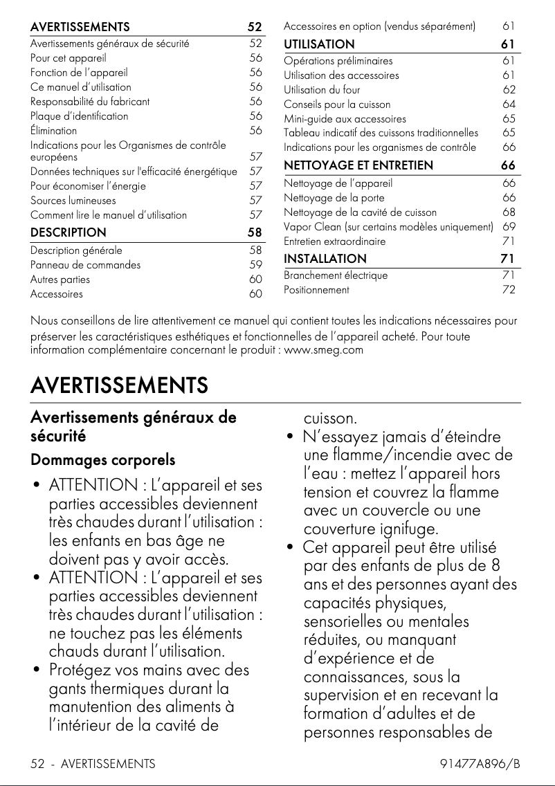 Page 1 de la notice Fiche technique Smeg SF64M3TB