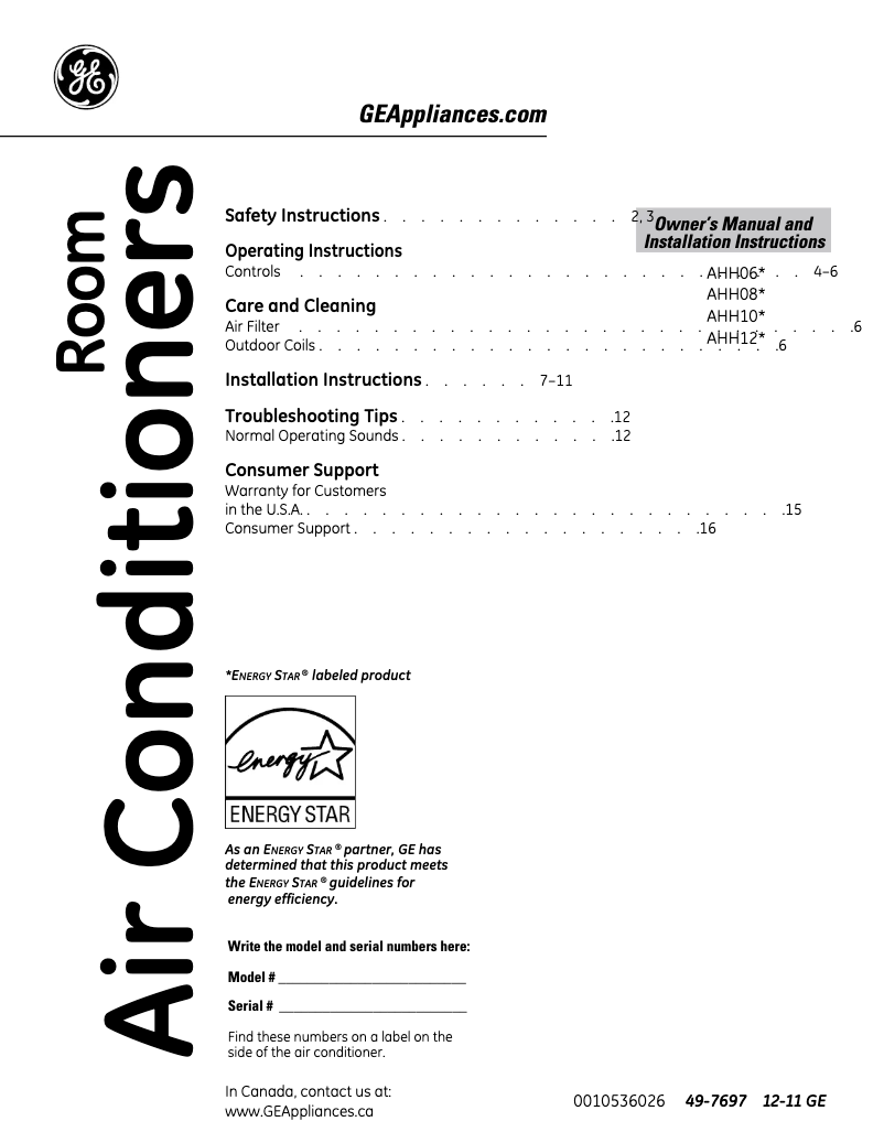 Page 1 de la notice Guide d'installation GE AHH06LQ
