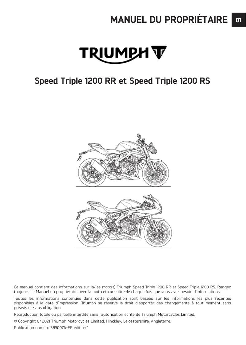 Page 1 de la notice Manuel utilisateur Triumph Speed Triple 1200 RR (2021)