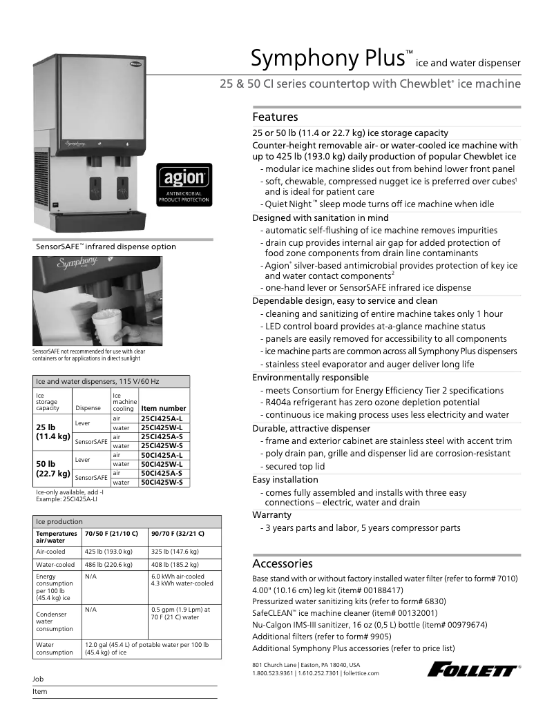 Page 1 of the manual Technical Sheet Follett 110CT425A-S