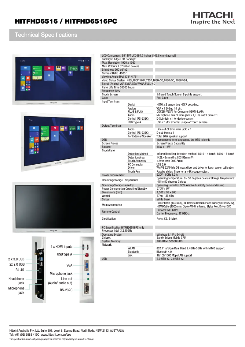 Page 1 de la notice Fiche technique Hitachi HIT-FHD6516PC
