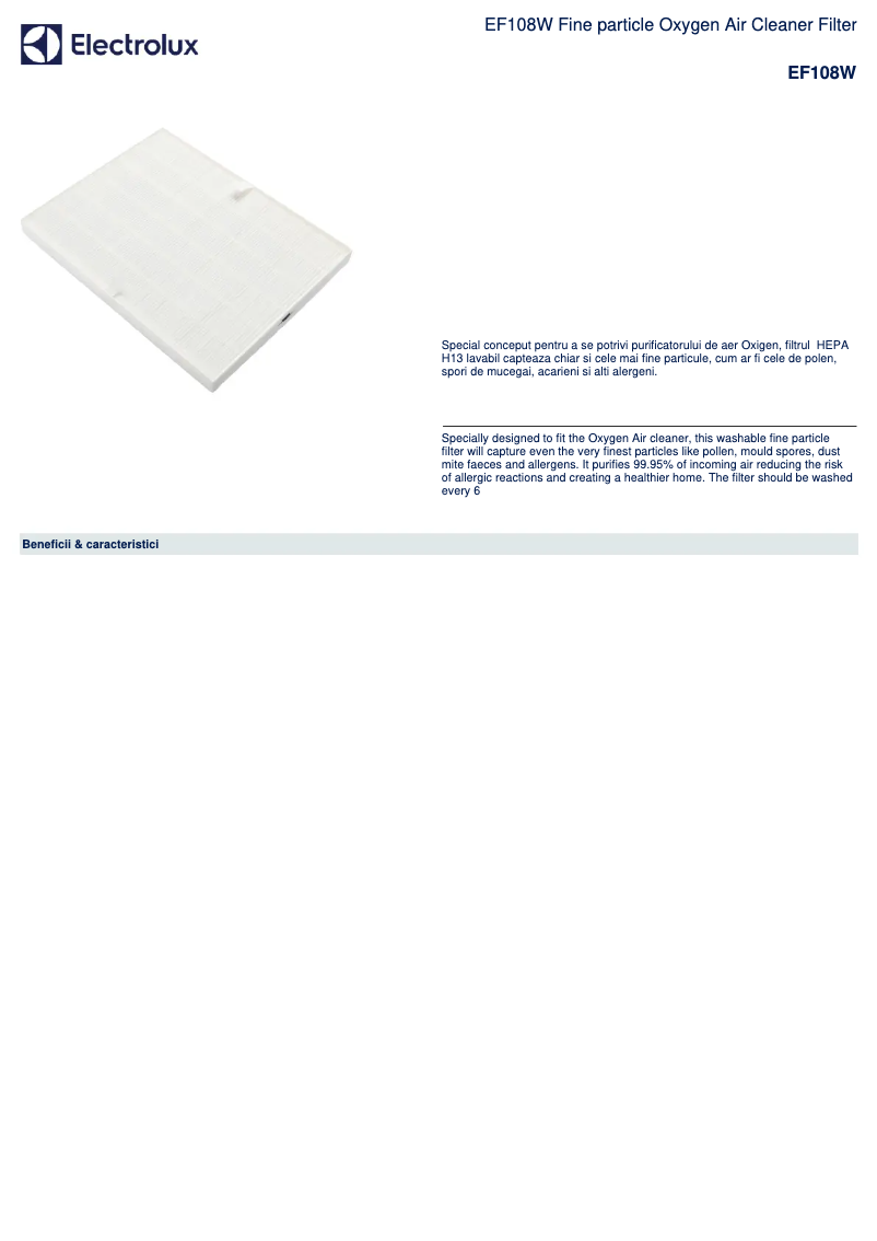 Página 1 del manual Ficha técnica Electrolux EF108W