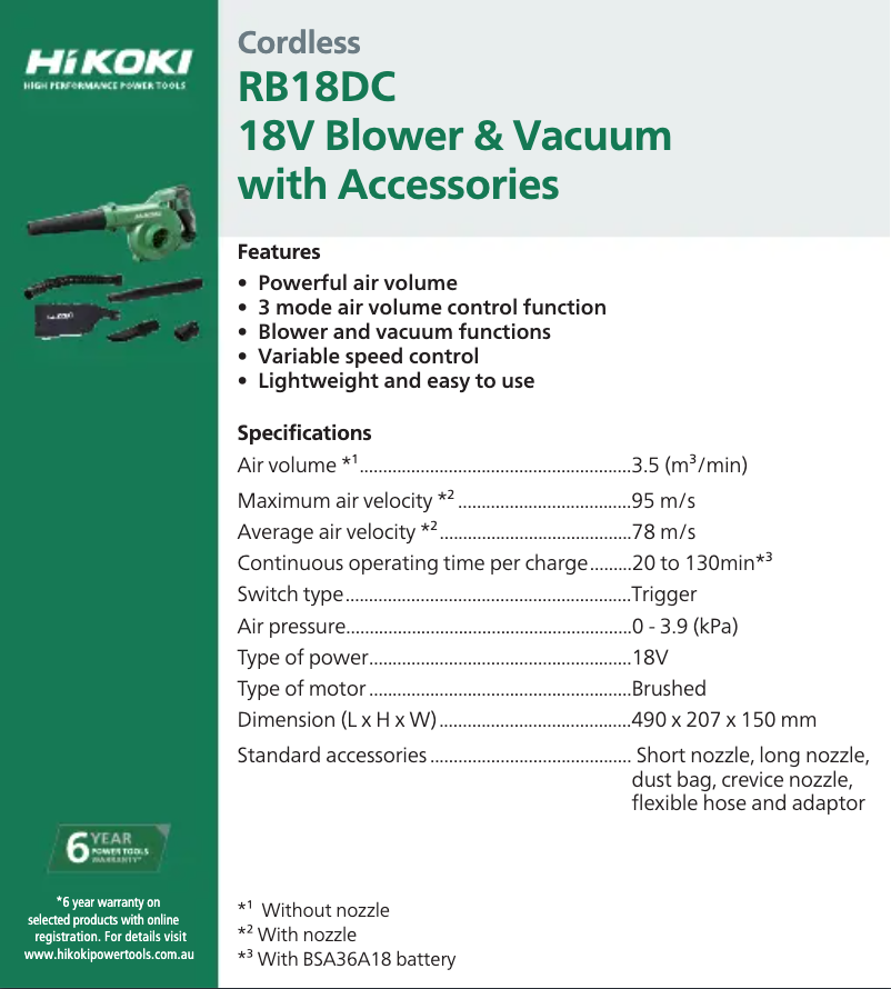 Page 1 de la notice Fiche technique HiKOKI RB18DC
