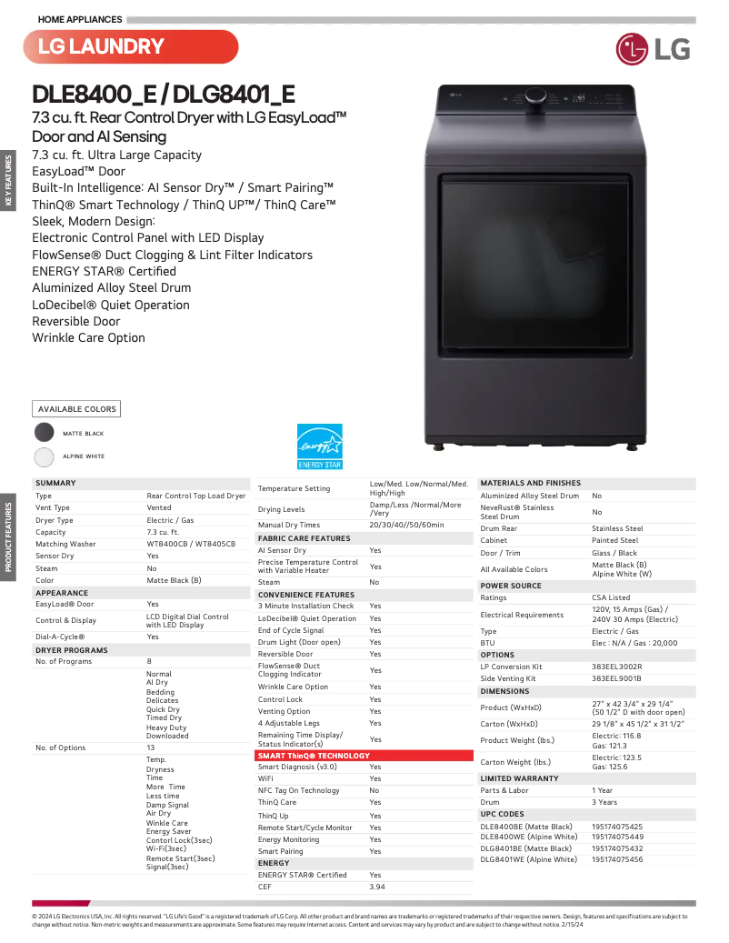 Page 1 de la notice Fiche technique LG DLE8400BE