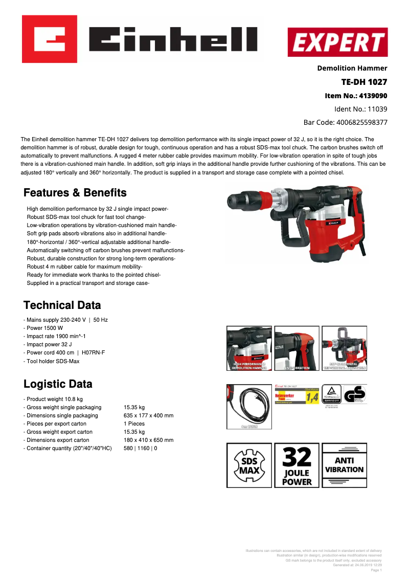 Page 1 de la notice Fiche technique Einhell TE-DH 1027