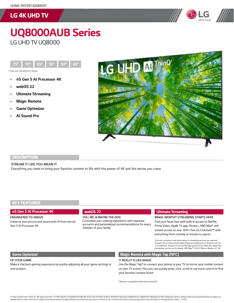 Page 1 de la notice Fiche technique LG 55UQ8000