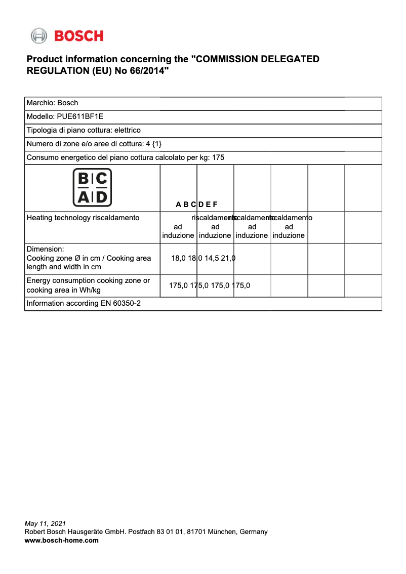 Page 1 of the manual Technical Sheet Bosch PUE611BF1E