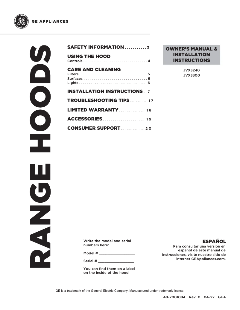 Page 1 of the manual Use and Maintenance Manual GE JVX3240SJSS