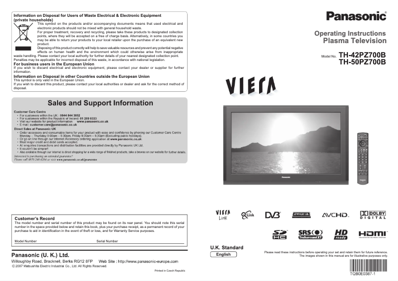 Page 1 of the manual User Manual Panasonic Viera TH-42PZ700B